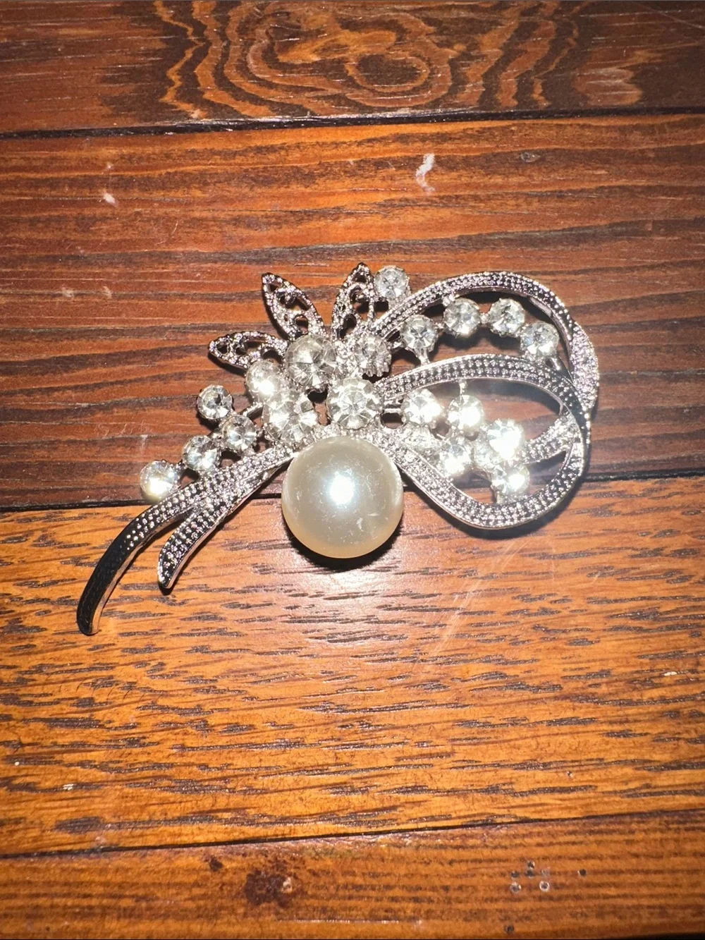 Crystal & Pearl Silver-Tone Floral Brooch